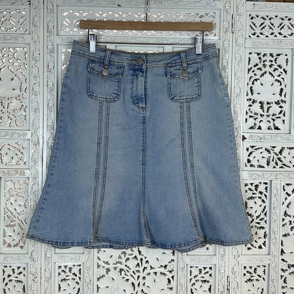 Y2K Cabi Light Wash Bell Flare‎ Two Pocket Low Rise Denim Skirt Sz 4